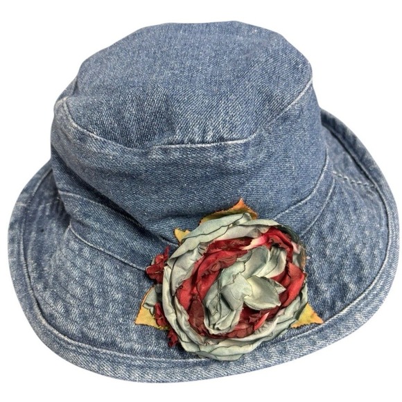 The Unbranded Brand Accessories - Vintage Denim Bucket Hat w/ Burgundy & Teal Floral Accent Leaf Boho Cottagecore
